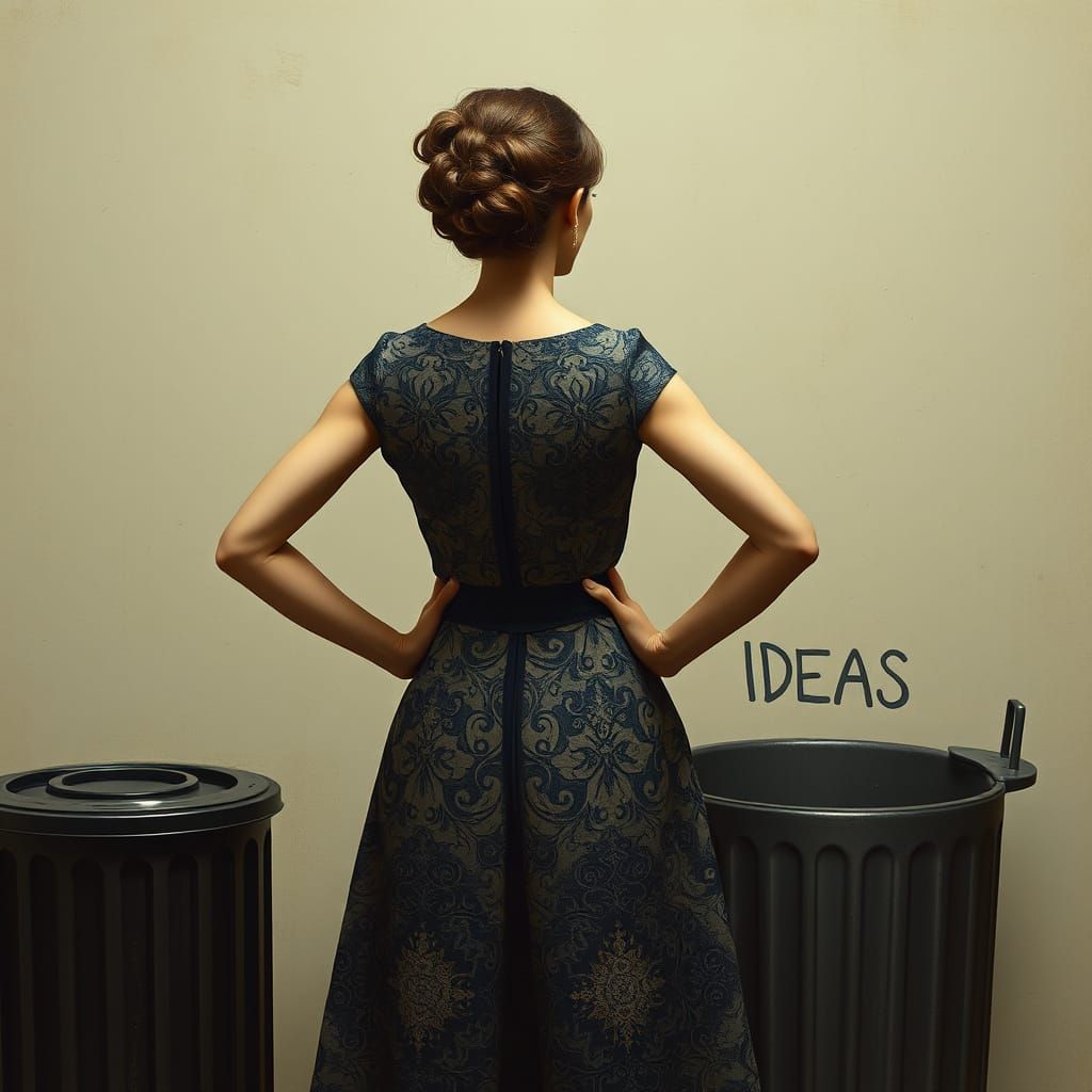 Woman Contemplates Empty Trashcan of Ideas