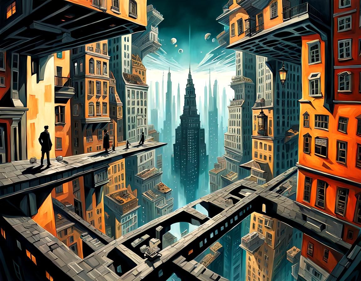 Surreal Mirror Image Cityscape in Dark Fantasy Style