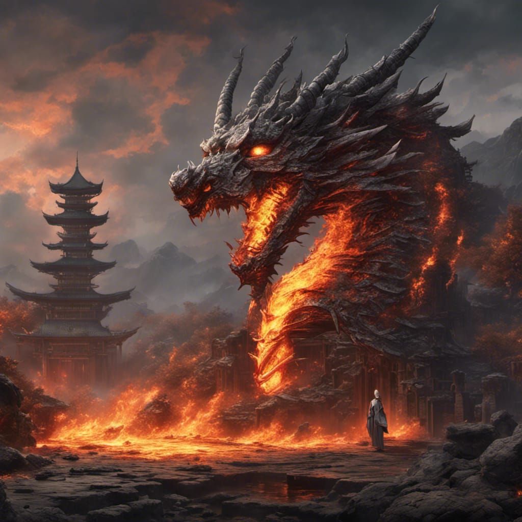 Diamond Dragon Rages in Japanese Ruins, Dark Fantasy