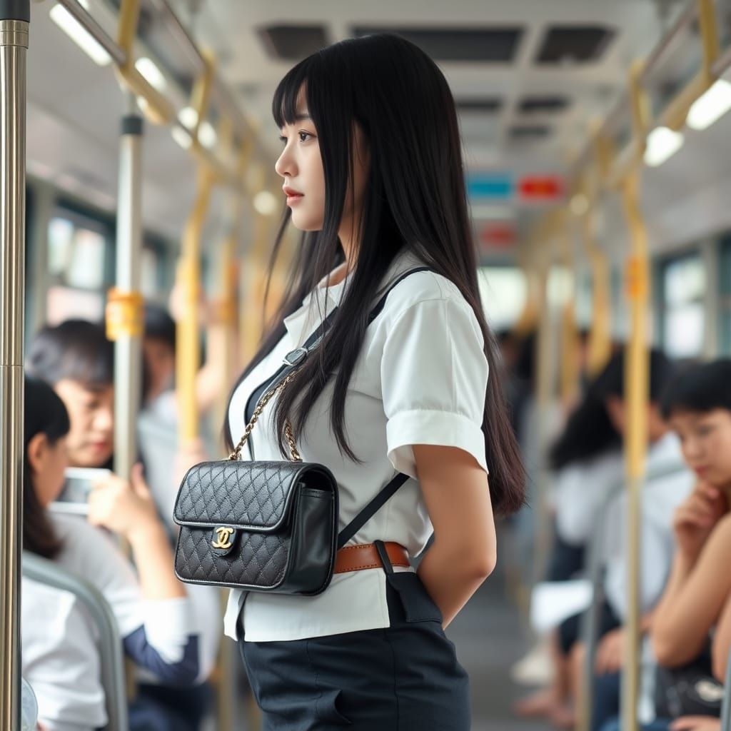 Japanese Woman in Crowded Bus with Chanel Bag