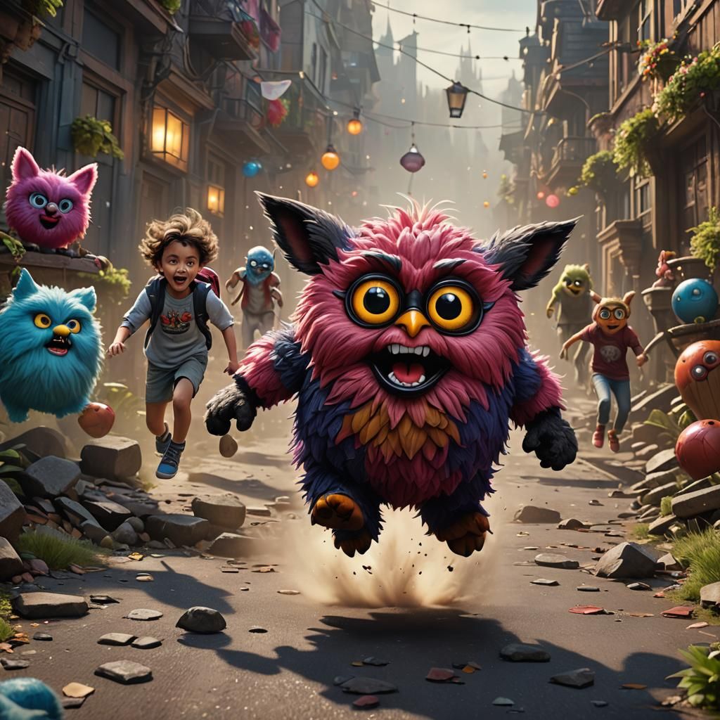 Giant Furby Chasing Kids: Fantasy Concept Art