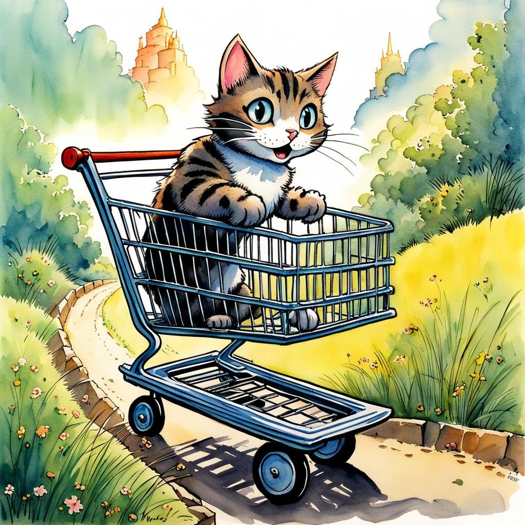 Playful Cat's Shopping Cart Adventure in Watercolor