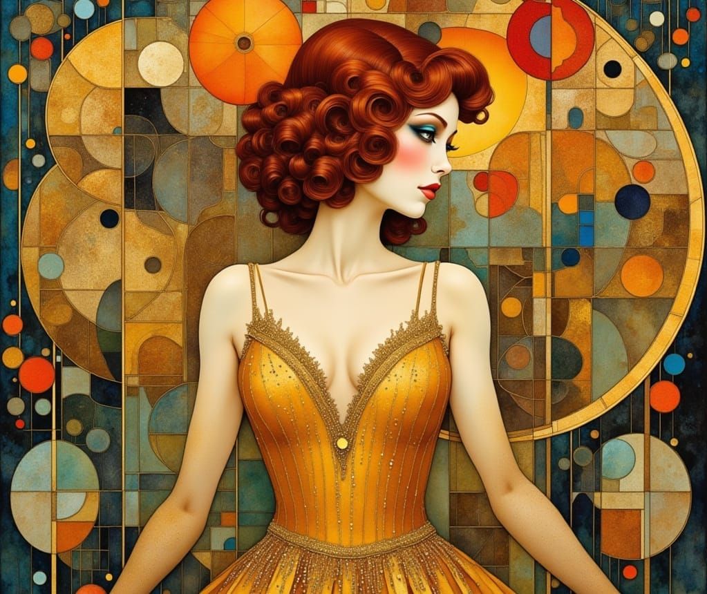 Woman in Gold Gown with Blue Eyeshadow: Art Nouveau Style