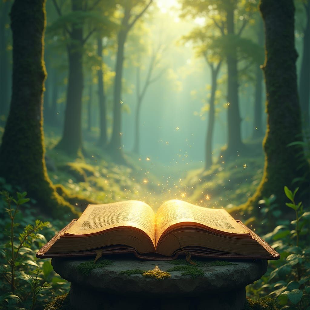 Ancient Spellbook on Mossy Pedestal in Sunlit Forest