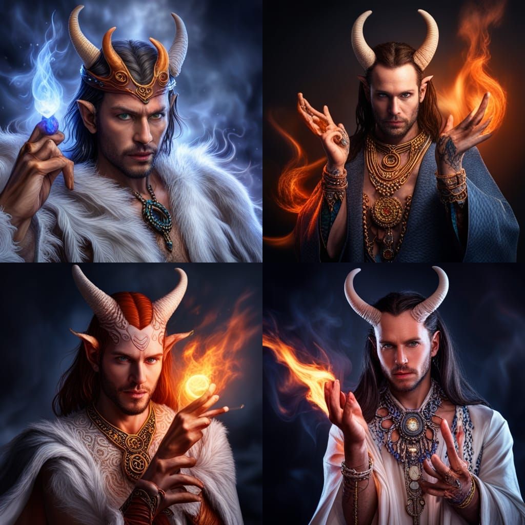 Tiefling Wizard Conjuring Fire in Hyperrealistic Style