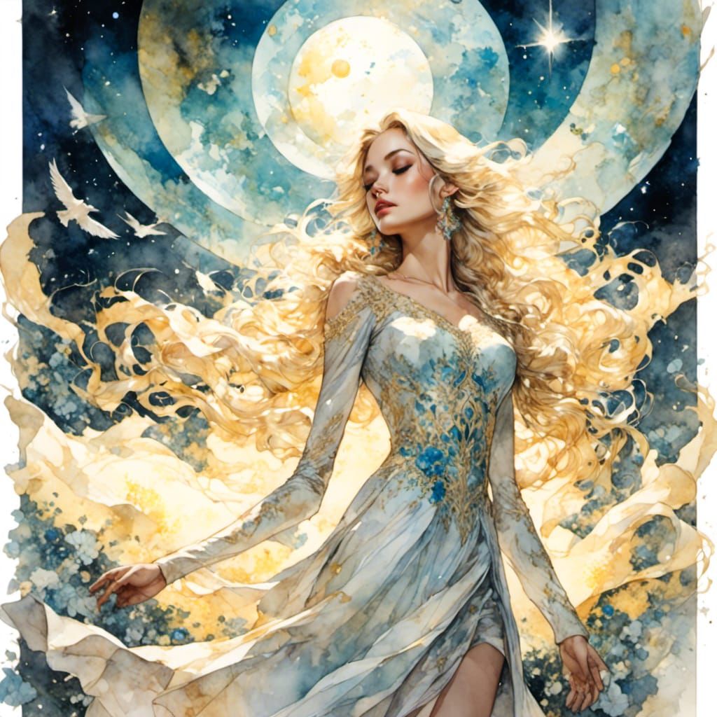 Divine Blonde Woman in Watercolor Constellation Scene