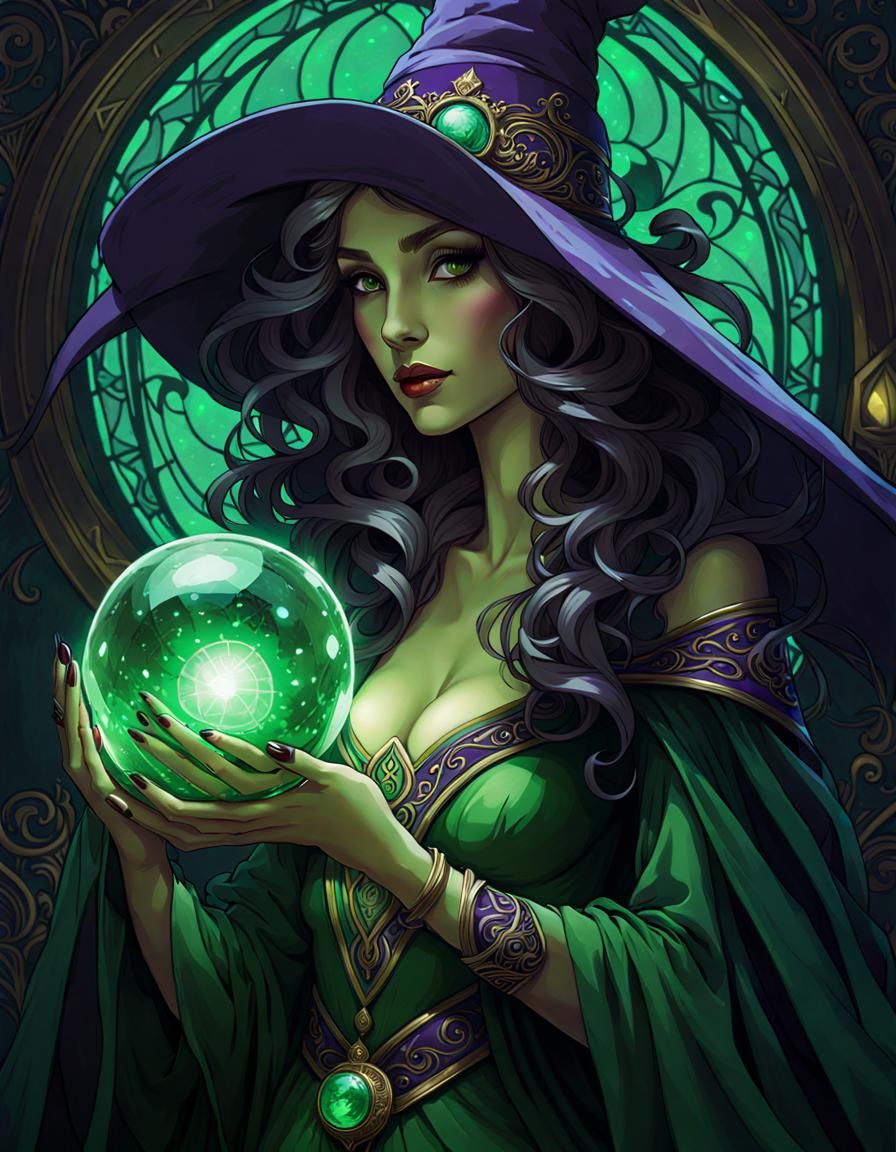 Mysterious Witch Holding Magical Crystal Ball in Art Nouveau