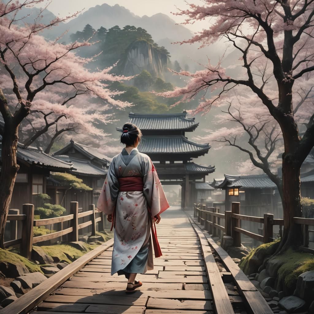 Samurai in Ancient Village: Kurosawa-Inspired Scene