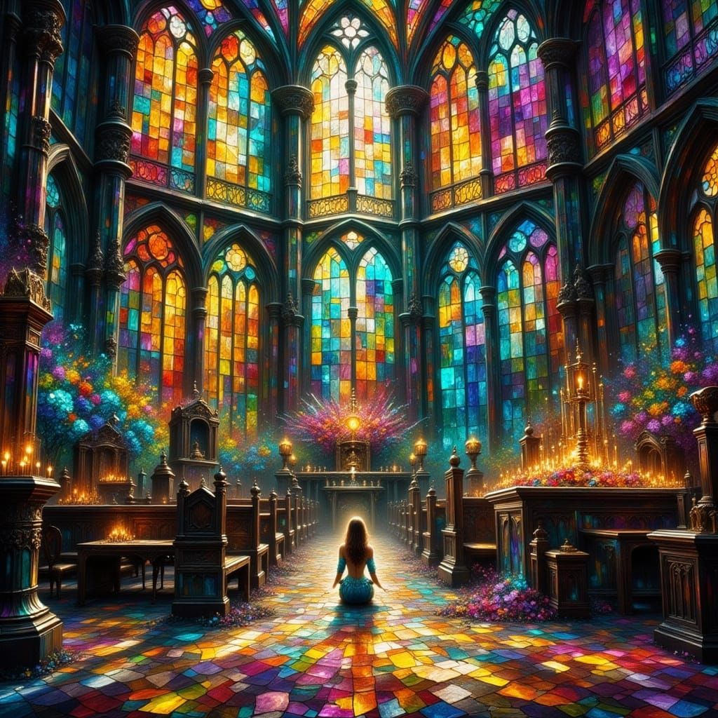 Stained Glass Cathedral Scene with Woman in Prayer