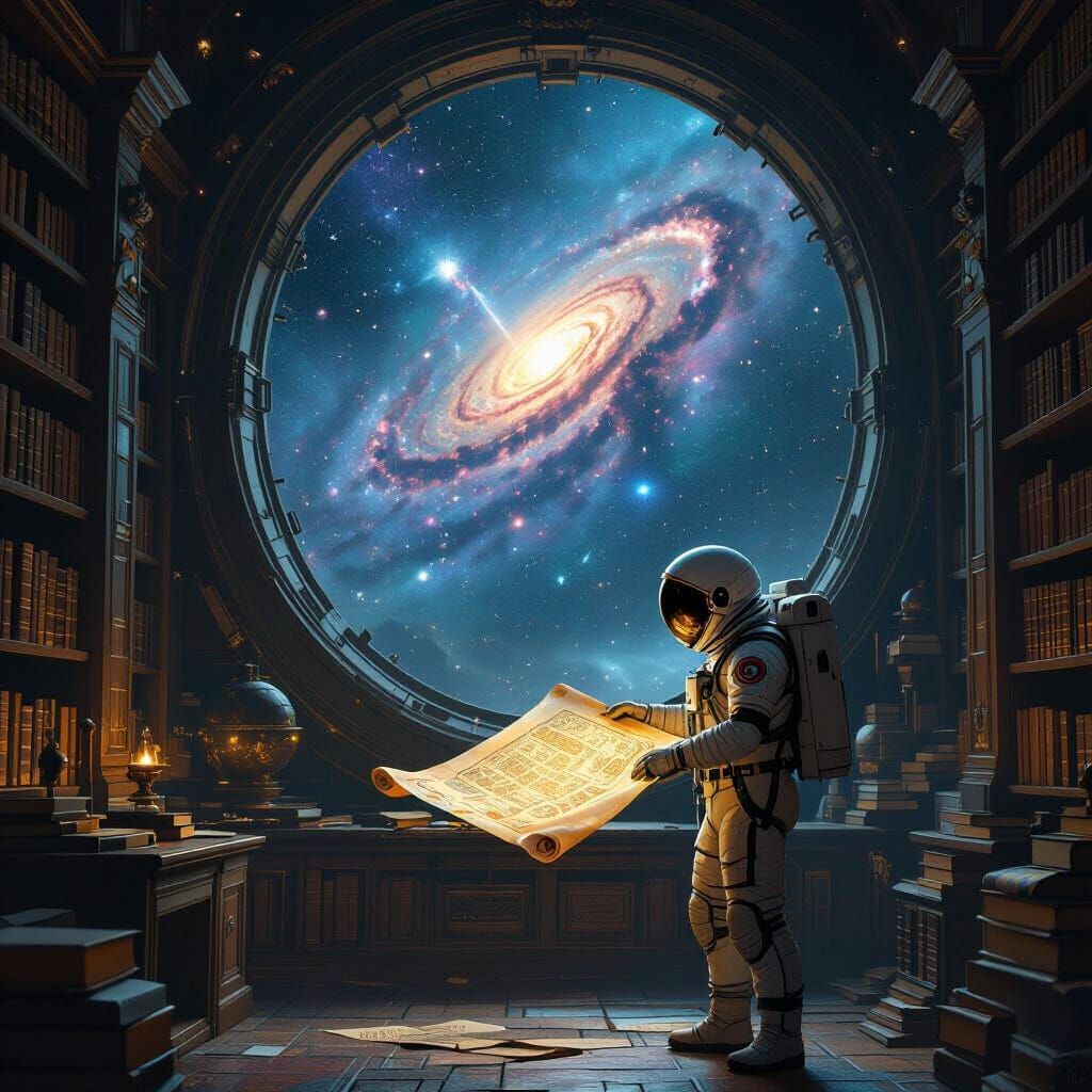 Astronaut in Cosmic Library Under Nebula Glow