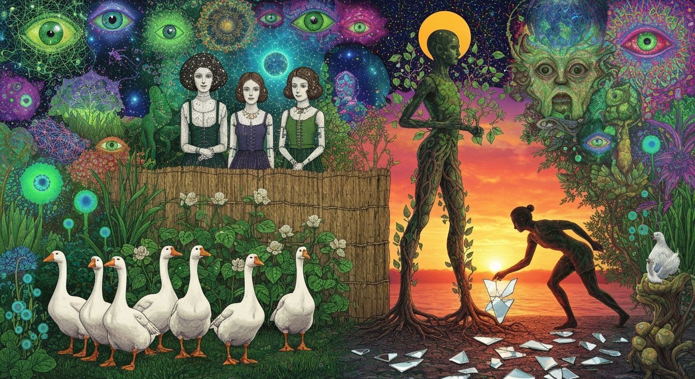 Folkloric Robot Sculpture with Stardust Hair and Twins