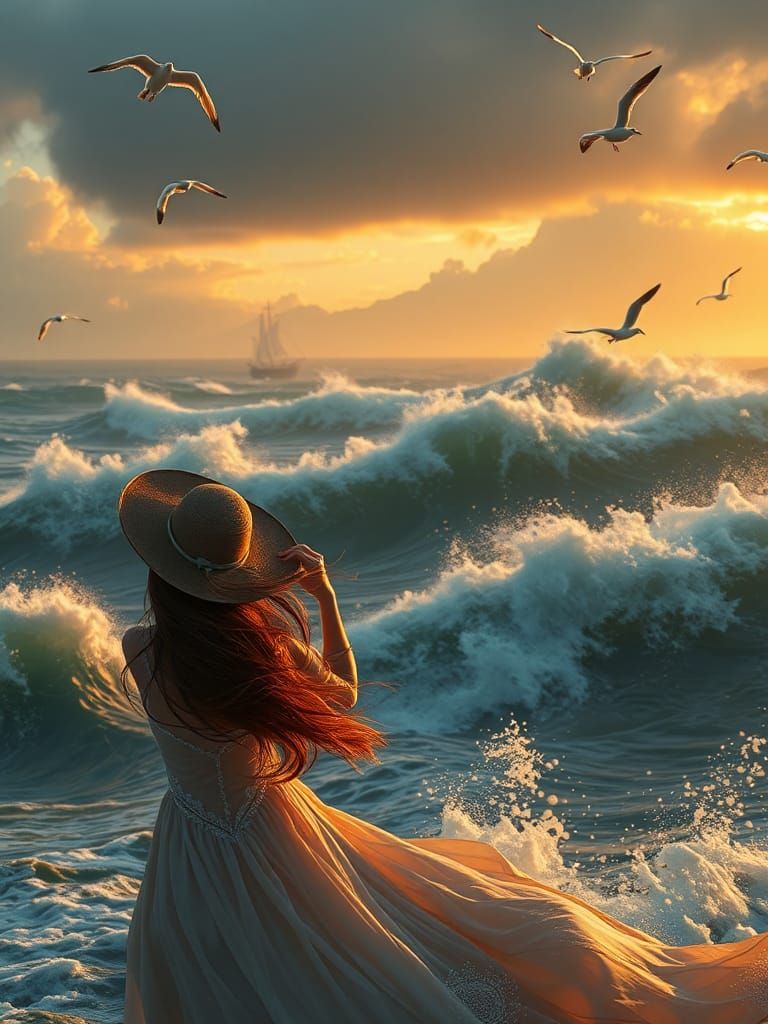 Woman Gazing at Sea During Golden Hour