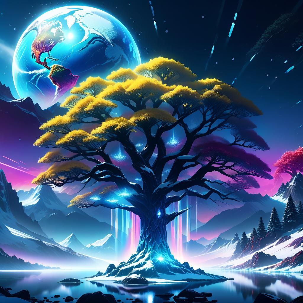 Crystalline Tree in Surreal Landscape, Synthwave Neon
