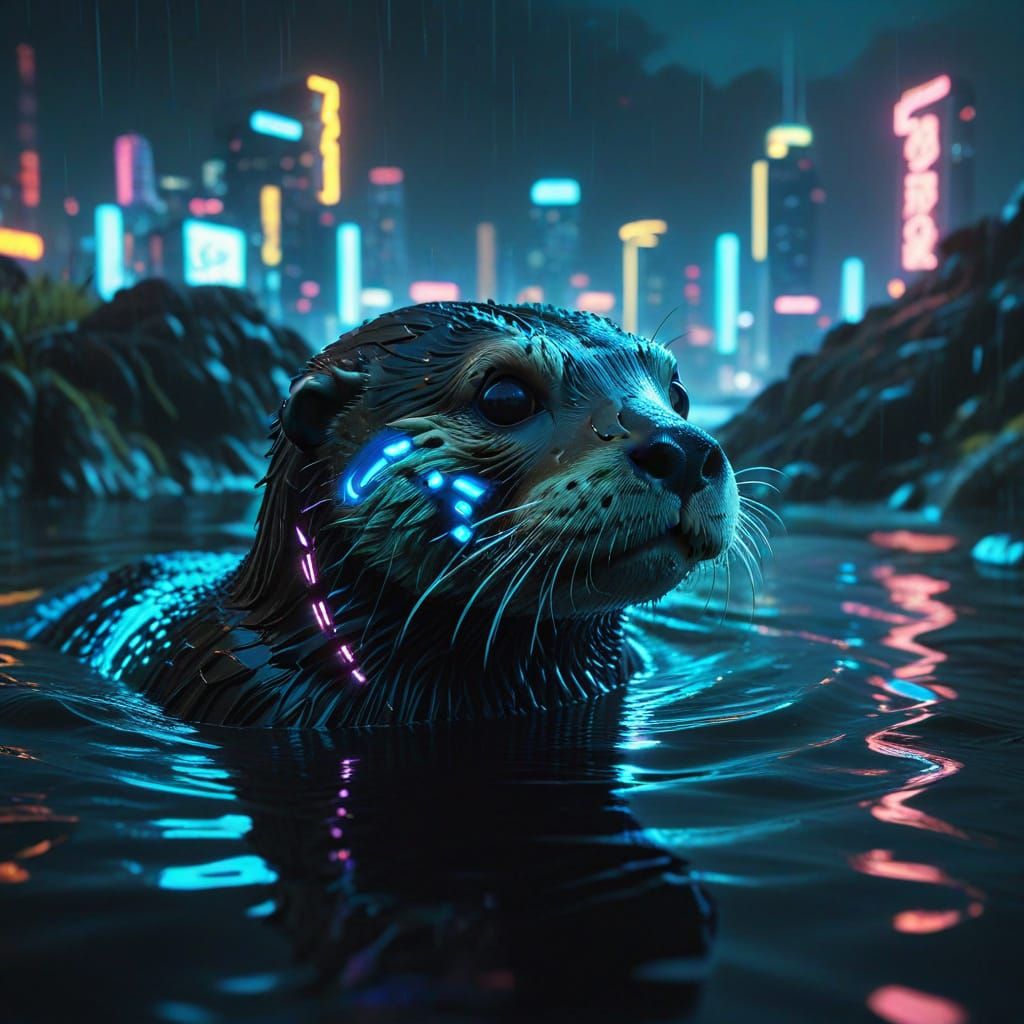 Cyberpunk Sea Otter Floats in Neon Ocean