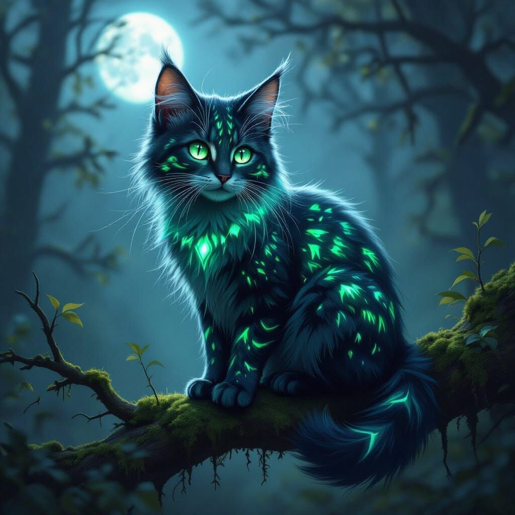 Bioluminescent Feline in Nocturnal Forest Digital Painting