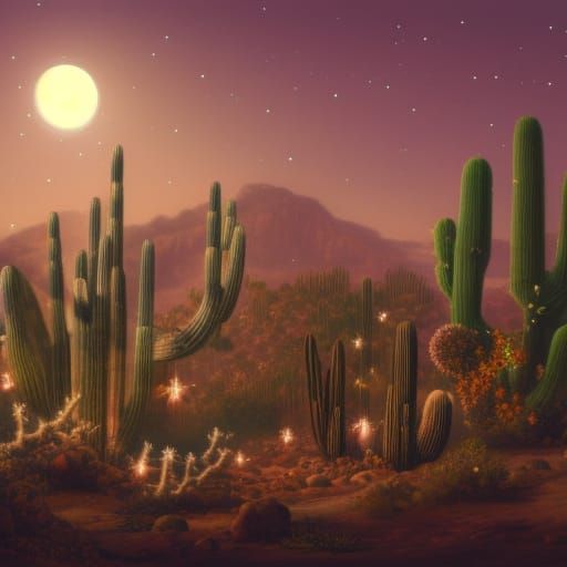 Night Blooming Cereus Cactus Under a Desert Moon