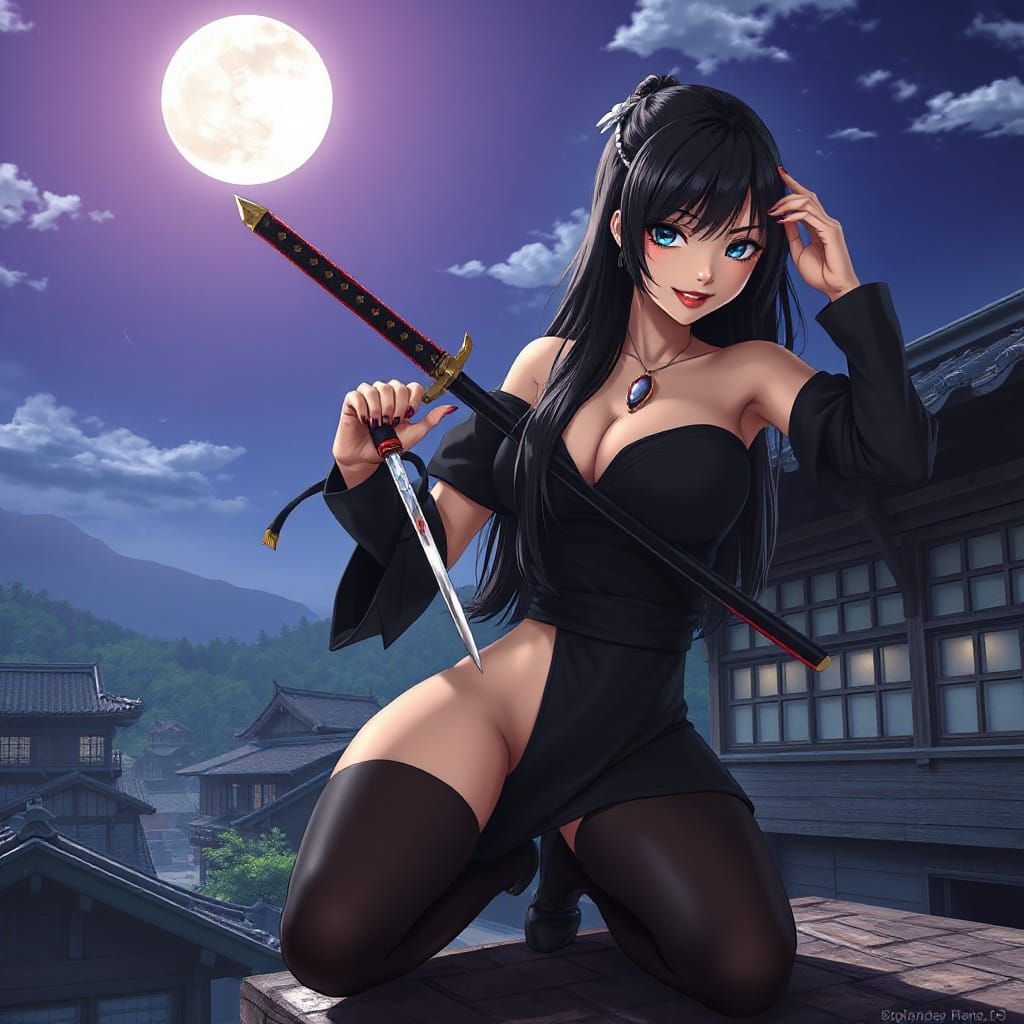 Anime Ninja Woman on Rooftop Under Full Moon