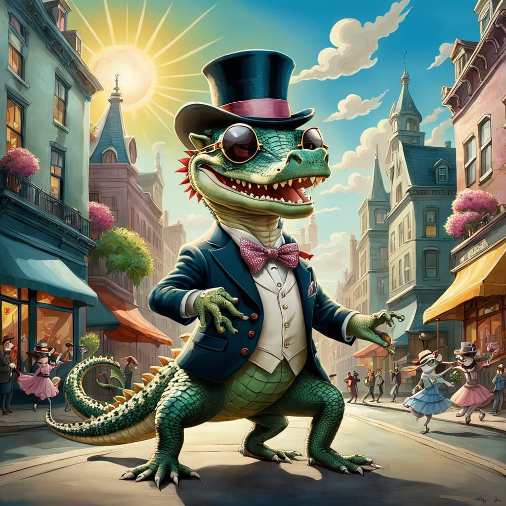 Whimsical City Street Scene: Alligator and Opossum Dance Tog...