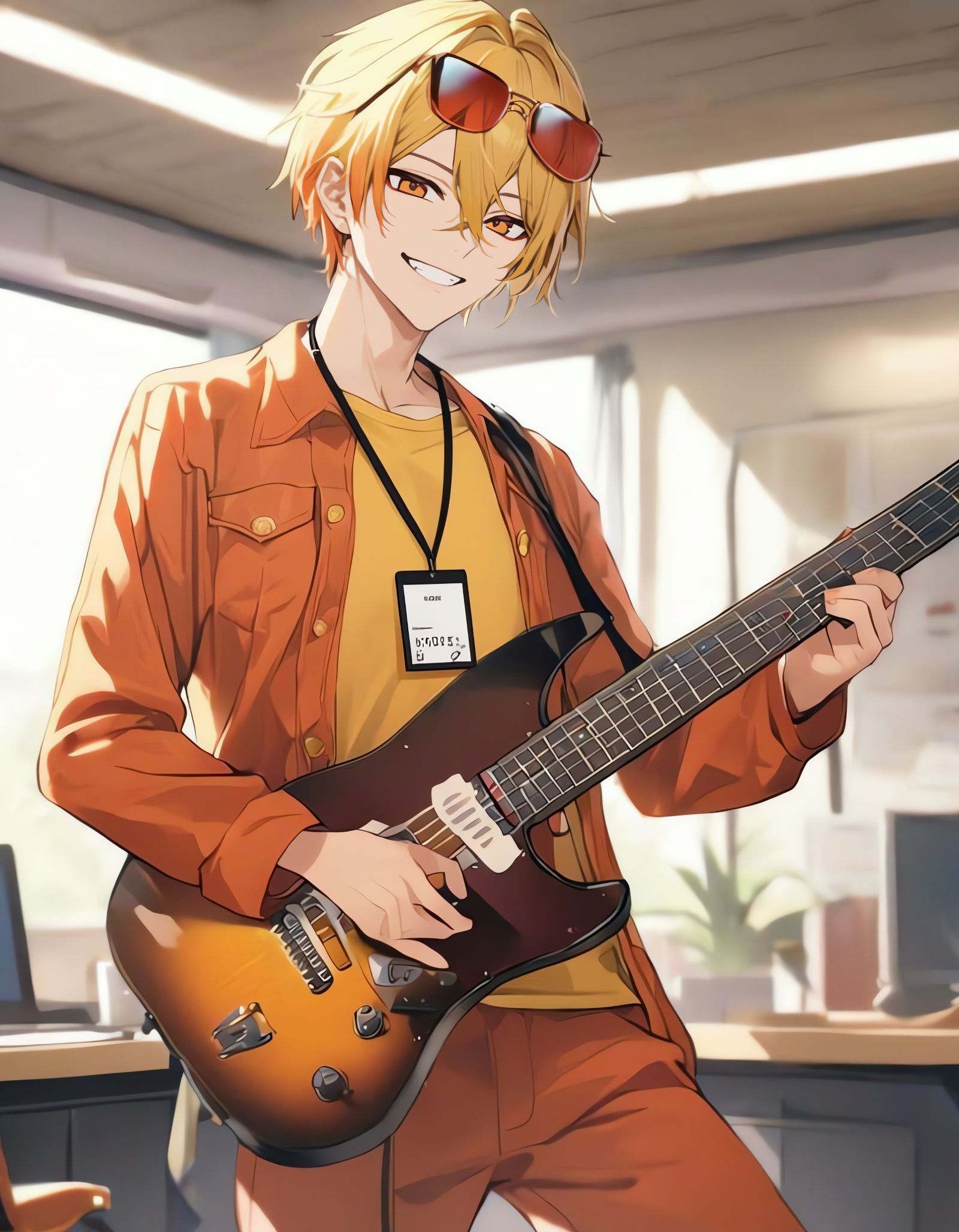 Anime Boy with Guitar in Office