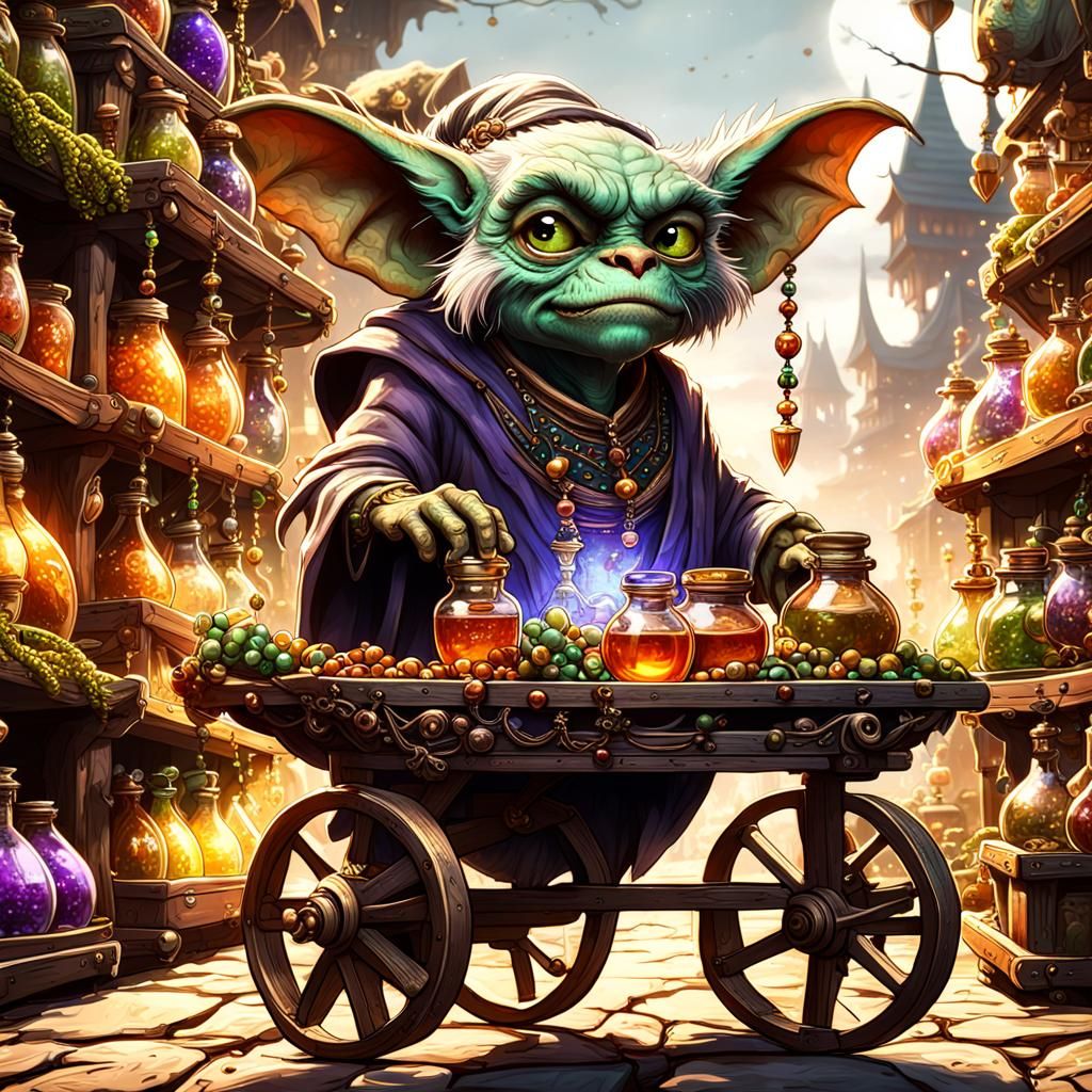 Gremlin Merchant Selling Potions in Fantasy Market