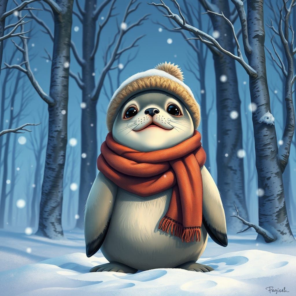 Chubby Baby Seal Braves Winter in Serene Forest