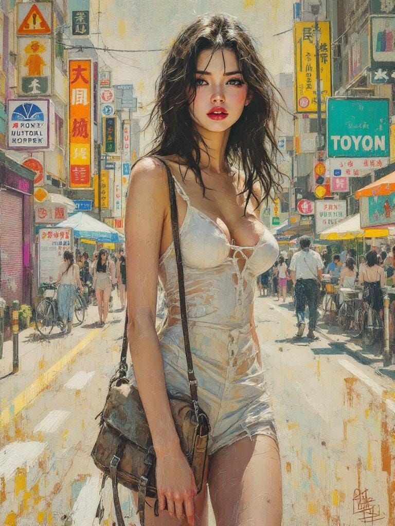 Tokyo Pin-Up in Encaustic Impressionist Style