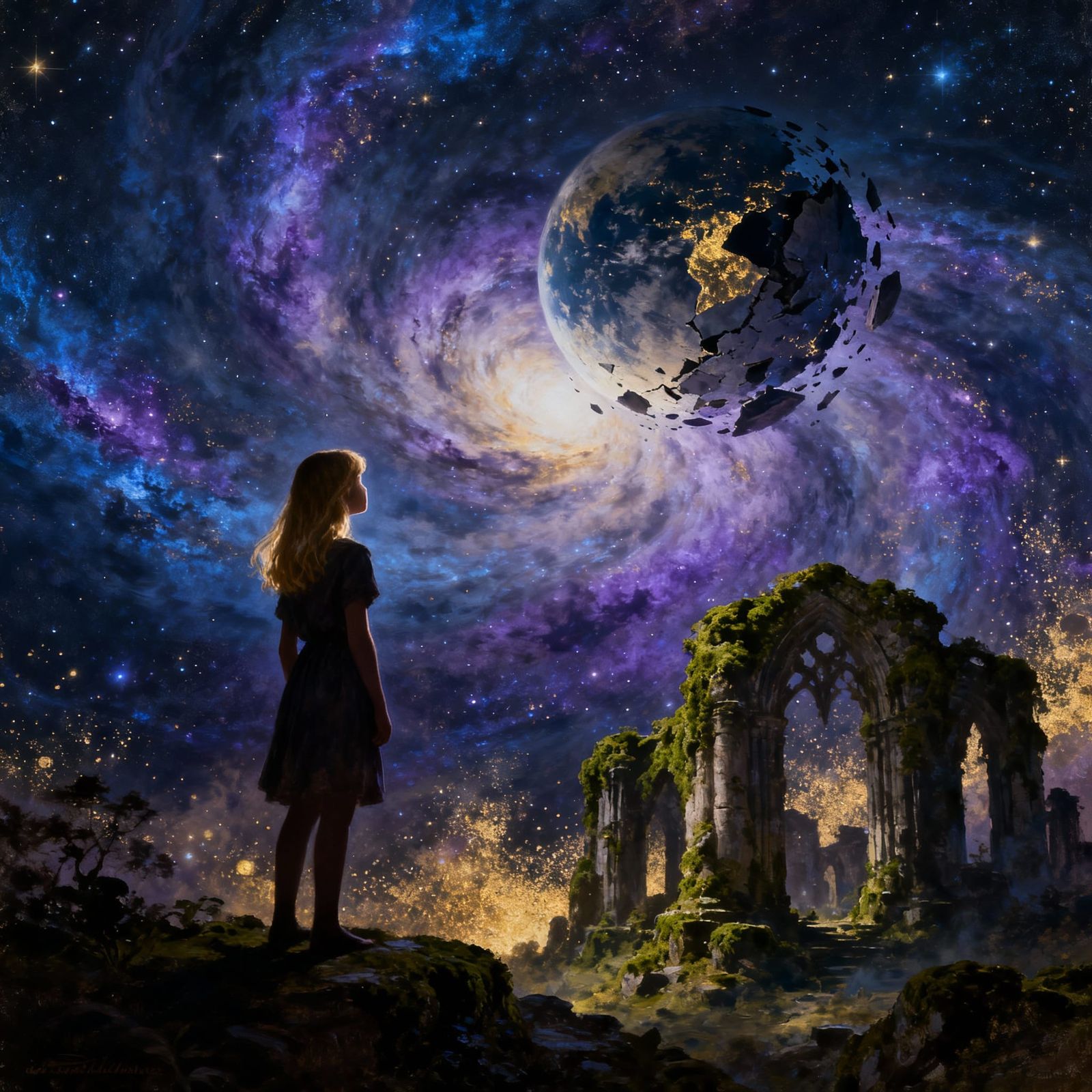 Girl Gazes at Shattered Planet in Cosmic Ruins