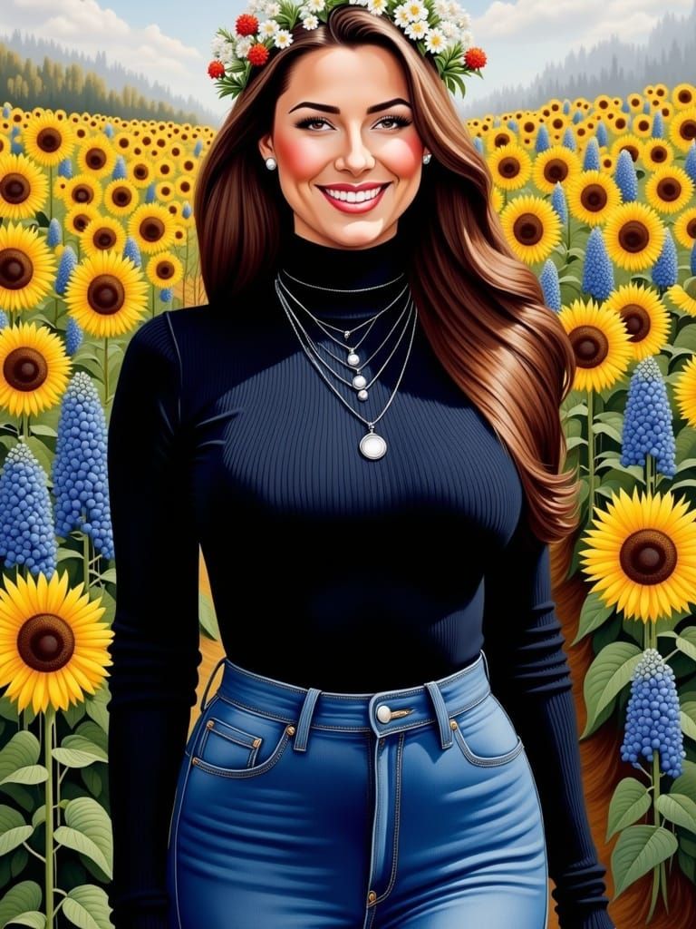 Surrealist Portrait of a Curvy Brunette in a Floral Field