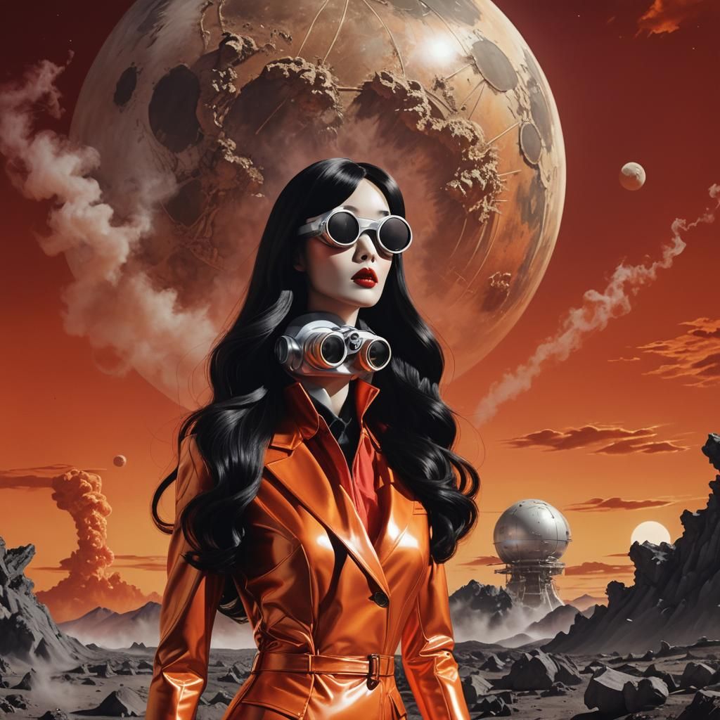 Lunar Explosion Watched by Mannequin in Surreal Sunset