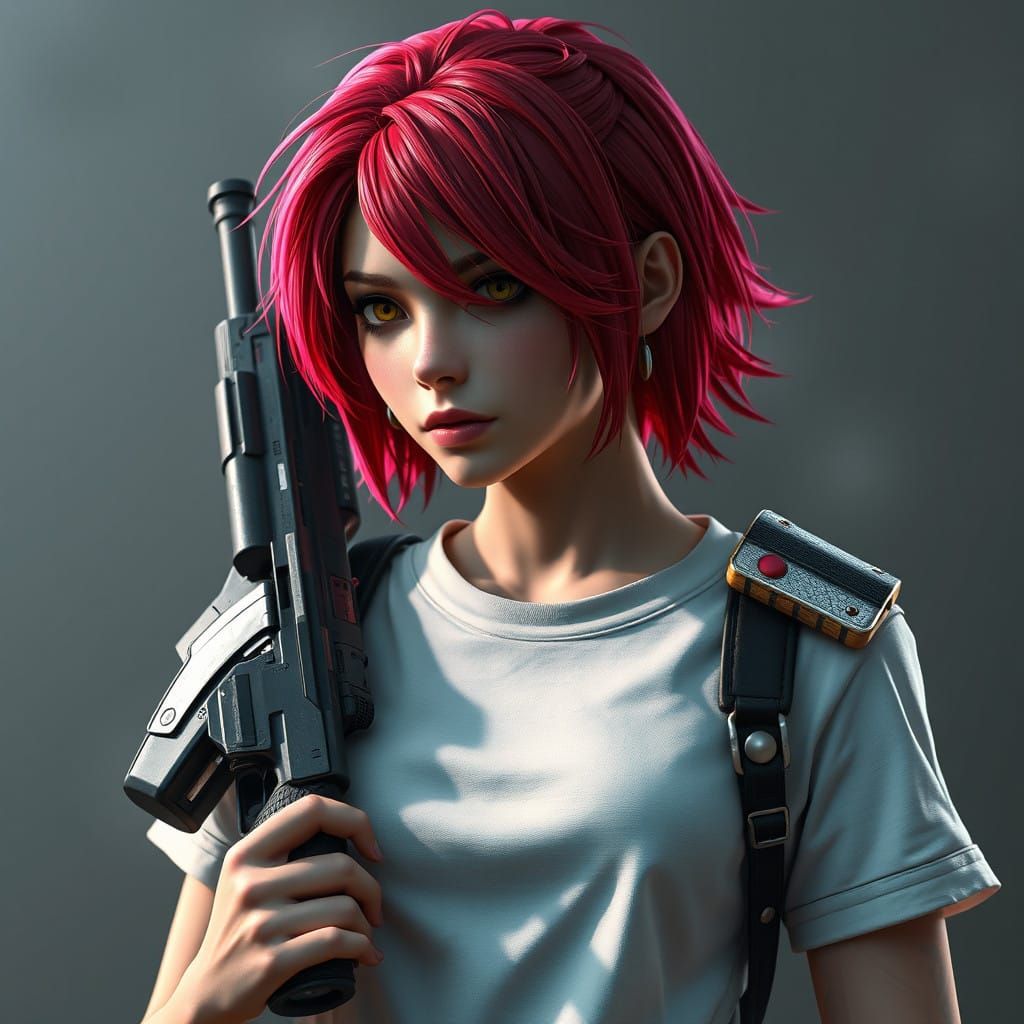 Cyberpunk Warrior in Red Hair and Armor