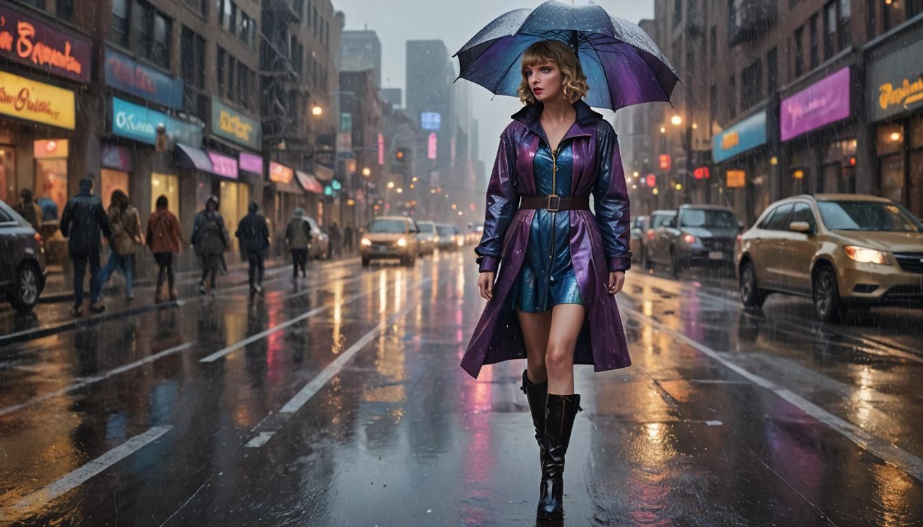 Snow White in Latex Glistening on Rainy Street