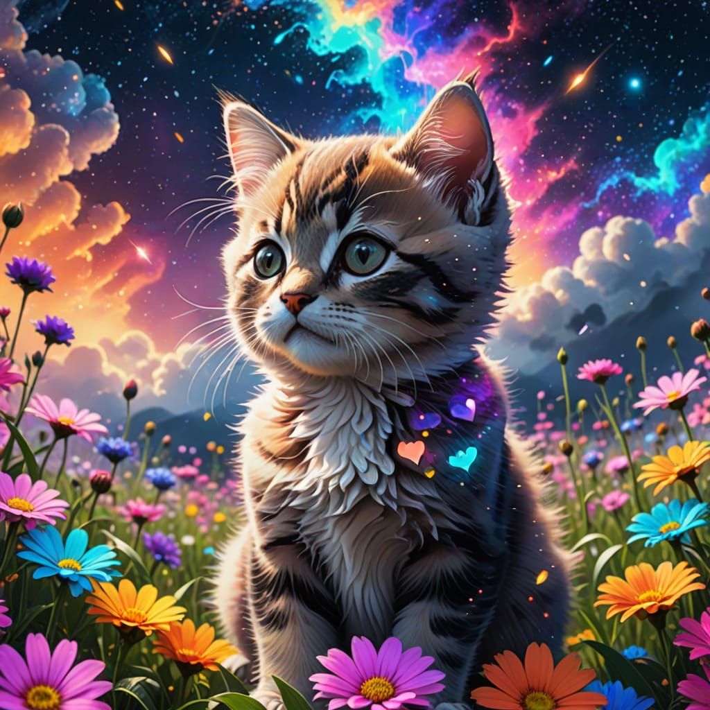 Anime Kitten in Flower Field with Rainbow Hearts