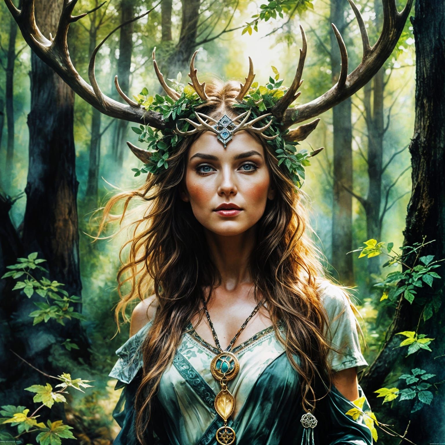 Celtic Goddess with Antlers in Watercolor Painting