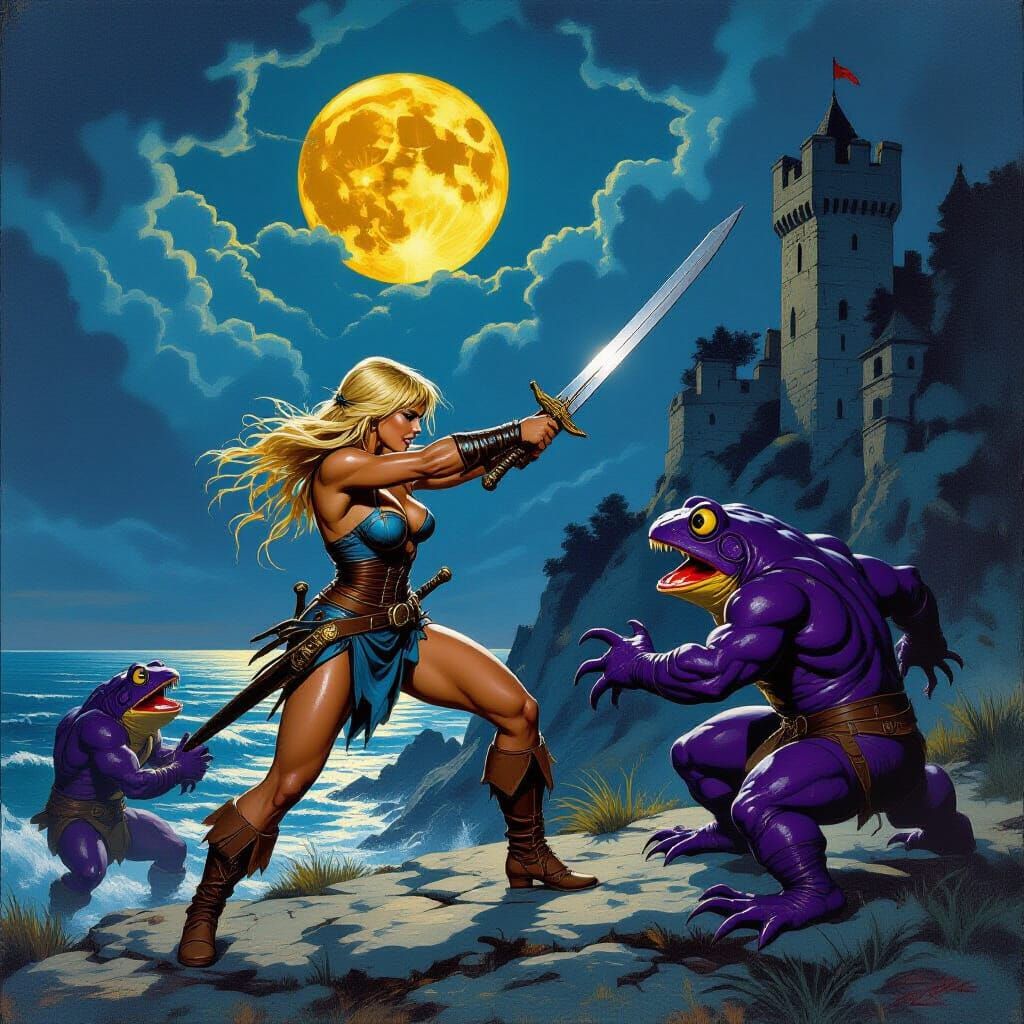 Barbarian Warrior Fights Froglike Monsters in Pulp Art Style