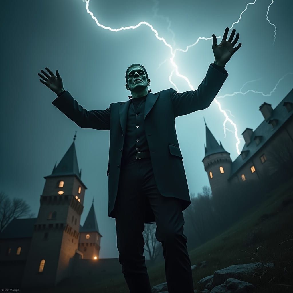 Frankenstein in Cinematic HDR, Arms Raised Against Stormy Ca...