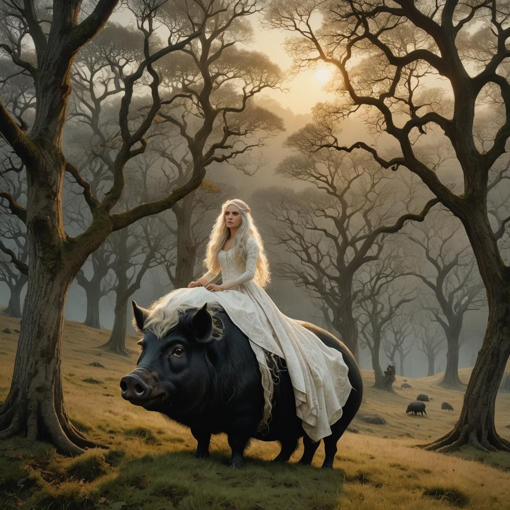 Bride Rides Pig at Sunrise: Photorealistic Fine Art