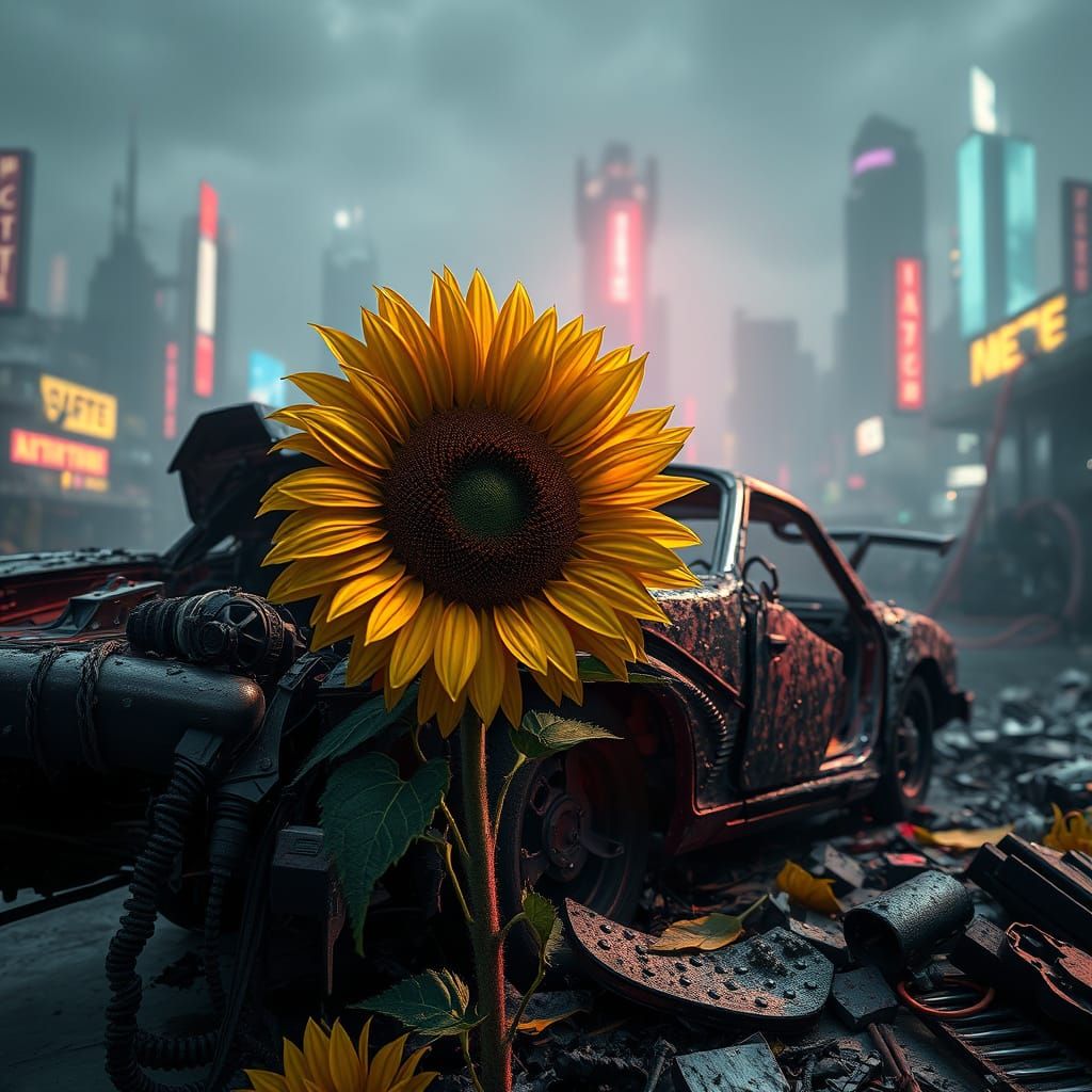 Majestic Sunflower Blooms in Cyberpunk Ruins