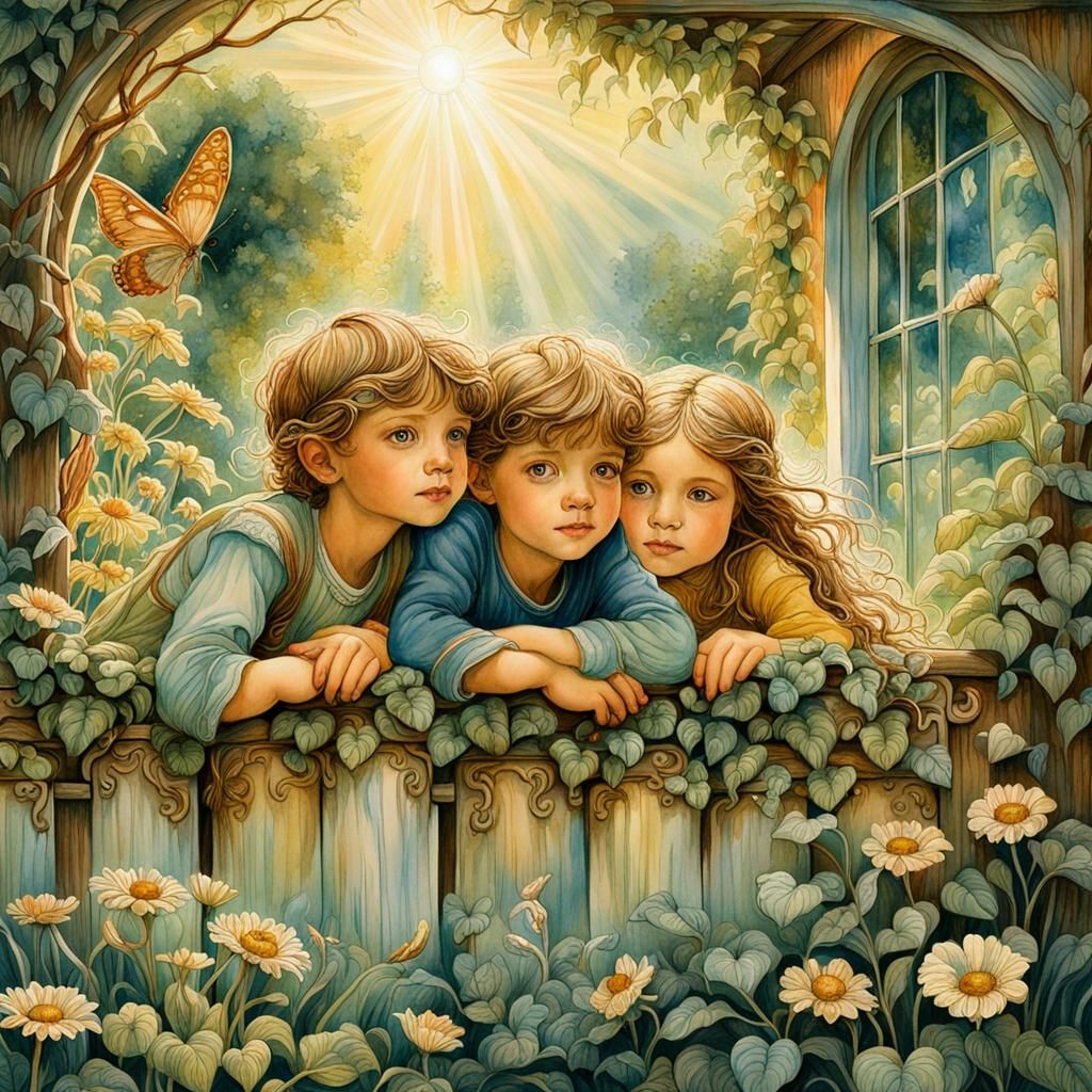 Children Over Garden Wall in Watercolor Style
