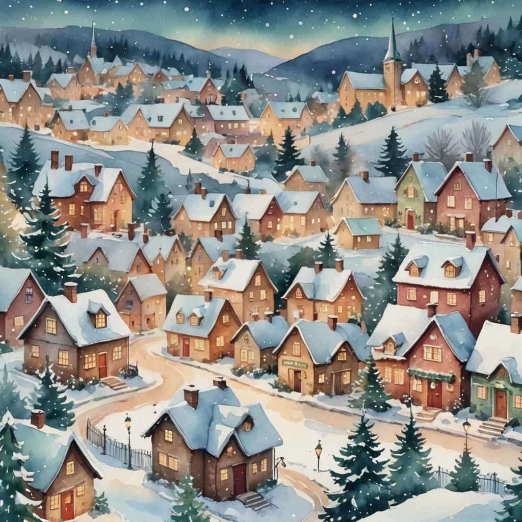 Whimsical Winter Village in Dreamy Watercolor Style