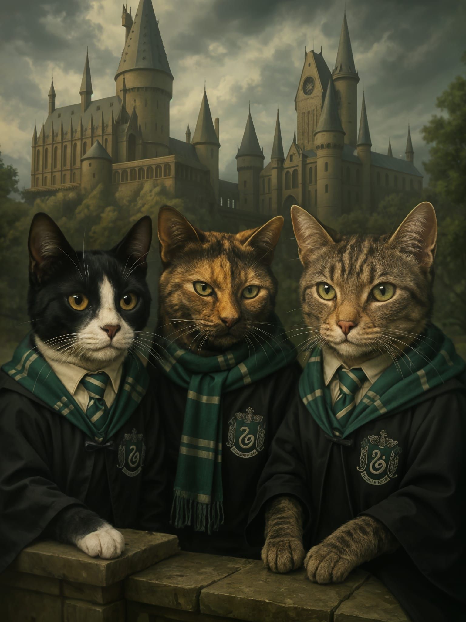 Majestic Cats in Whimsical Wizarding World