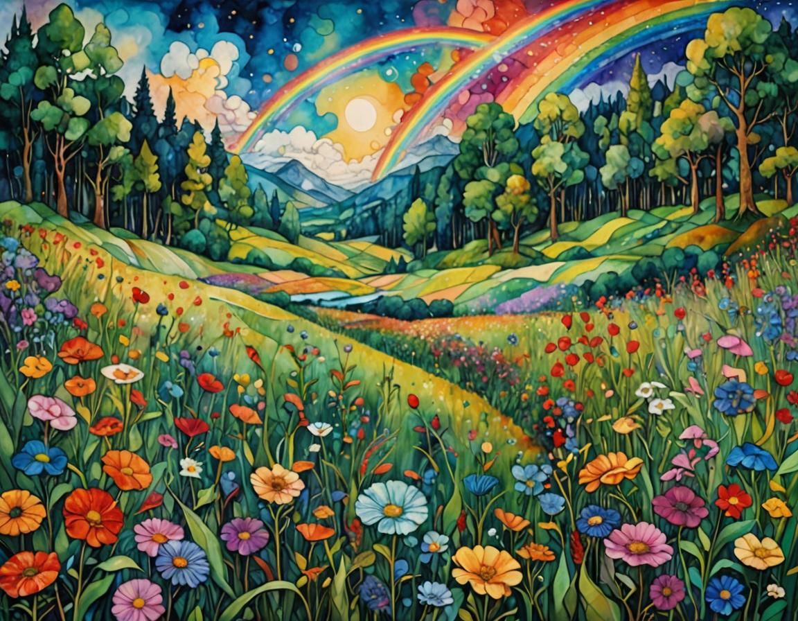 Rainbow Meadow in Post-Impressionist Style