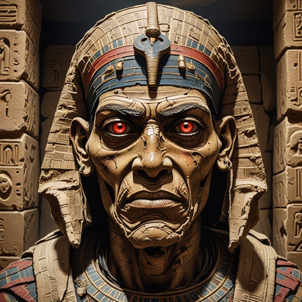 Ancient Egyptian Mummy Caricature with Staring Red Eyes