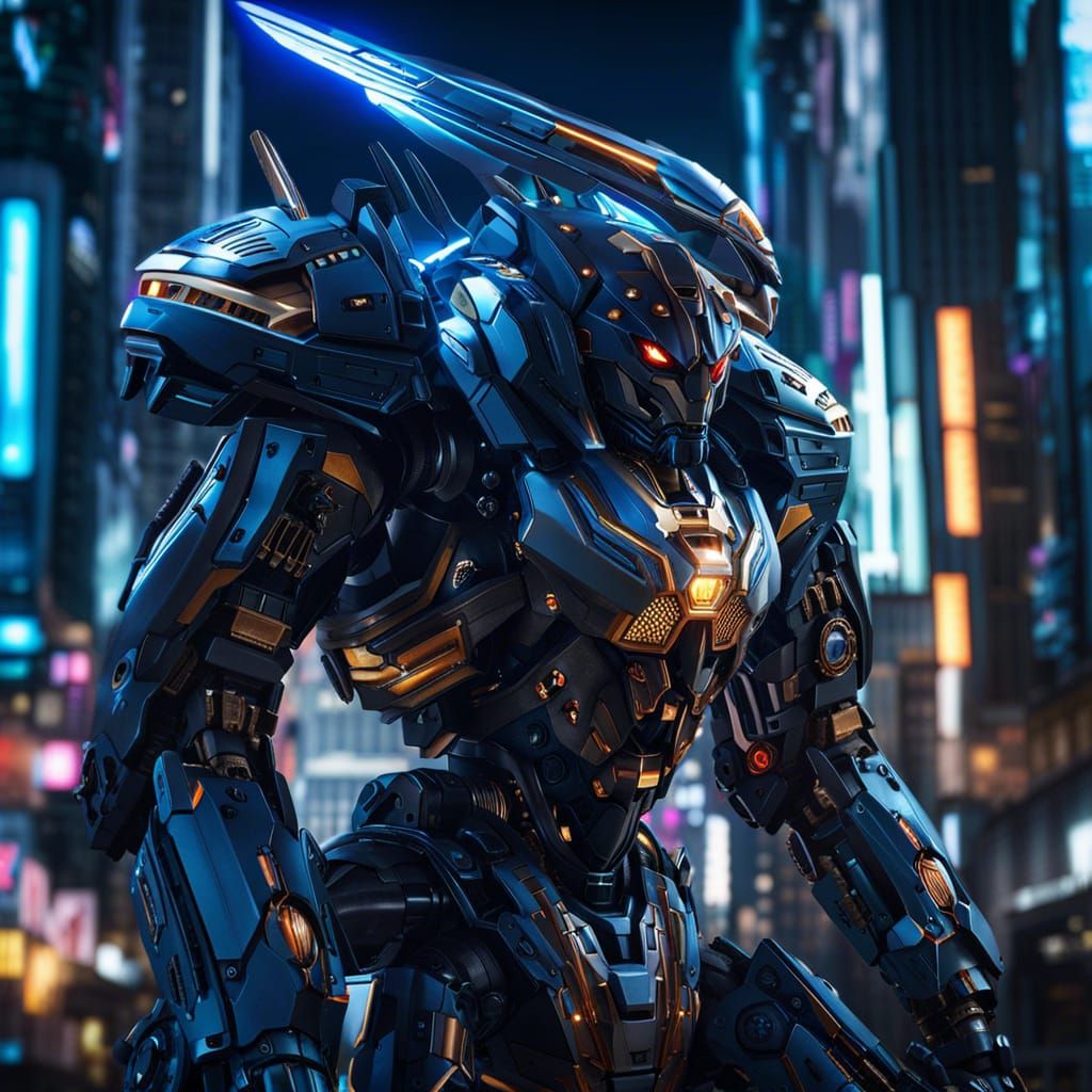 Futuristic Mecha Robot with Glowing Eyes and Wings