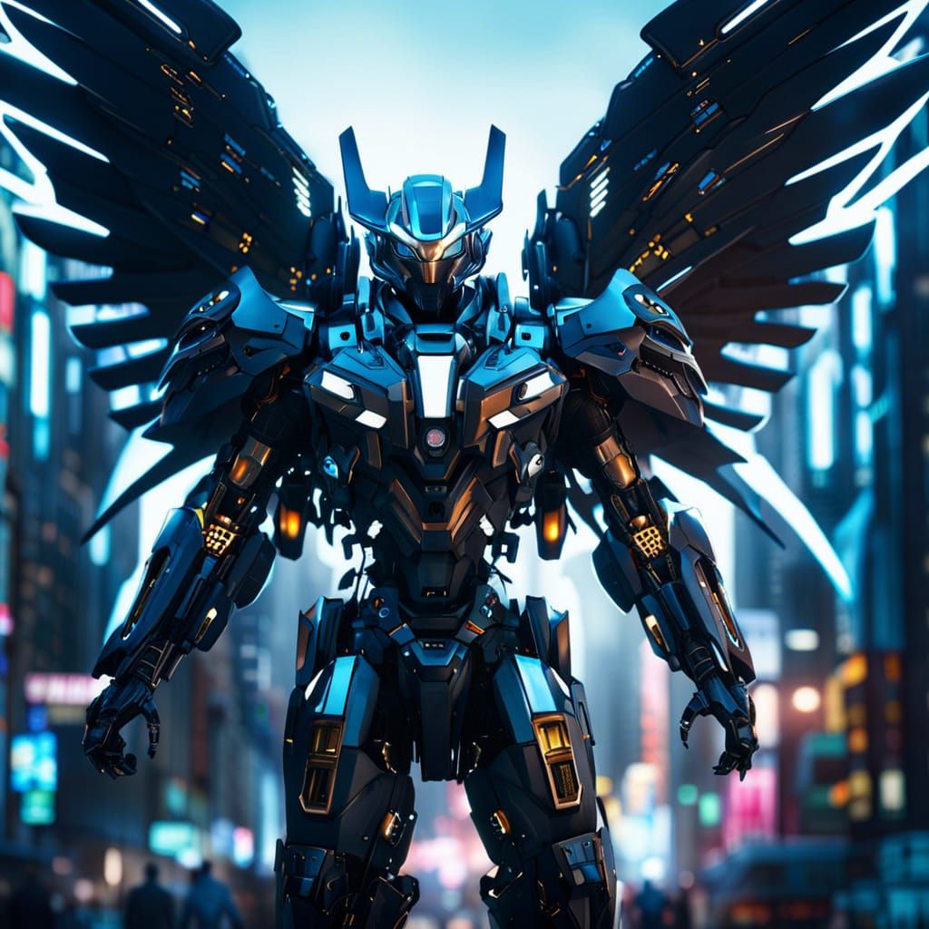 Futuristic Mecha with Glowing Eyes in Ruined City