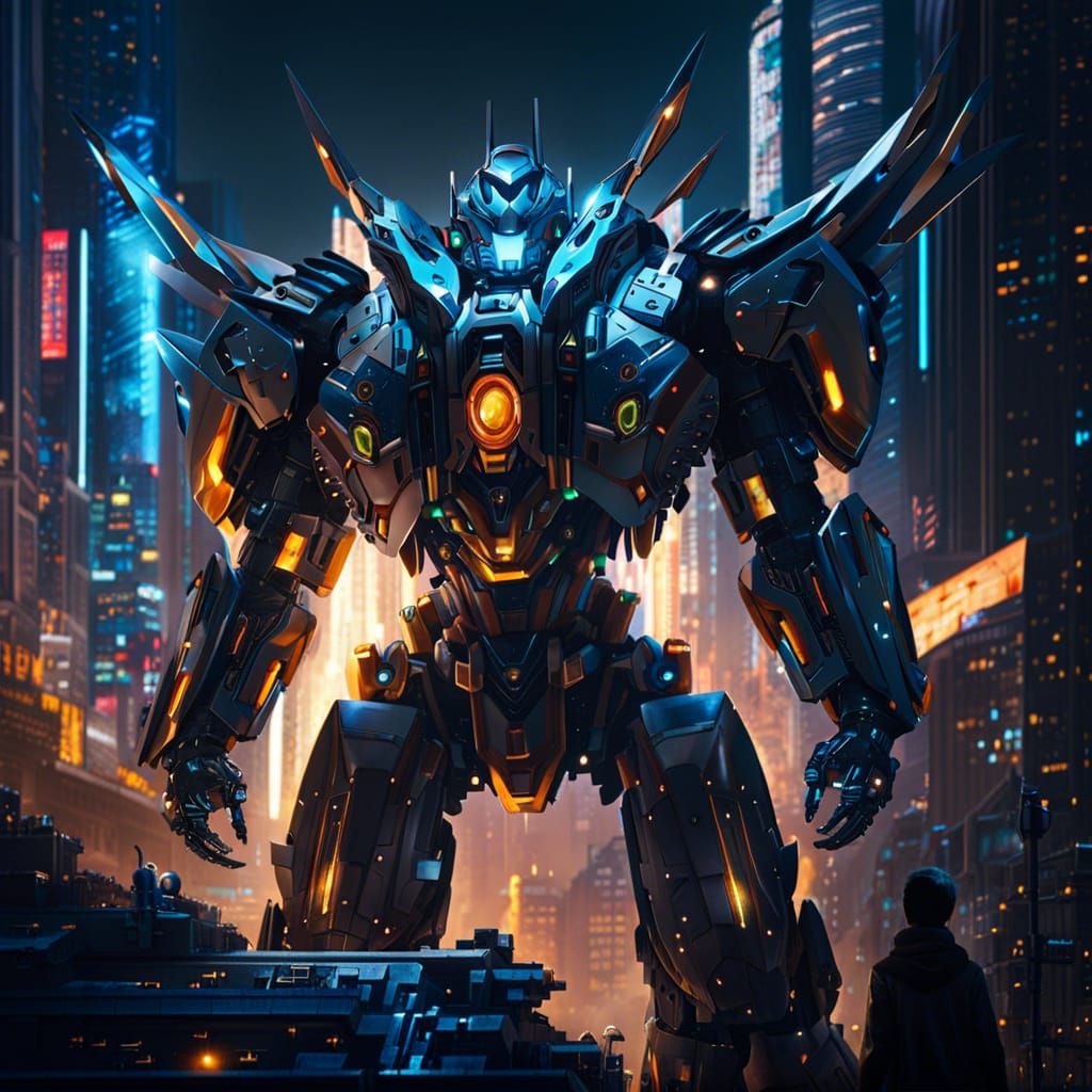 Futuristic Mecha with Glowing Eyes and Wings