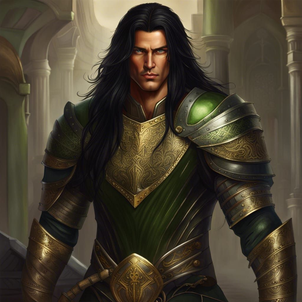 Handsome Warrior in Dark Steel Armor with Gold Details