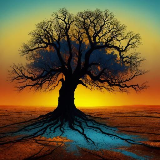 Apocalyptic Withered Tree in Surreal Desert Landscape