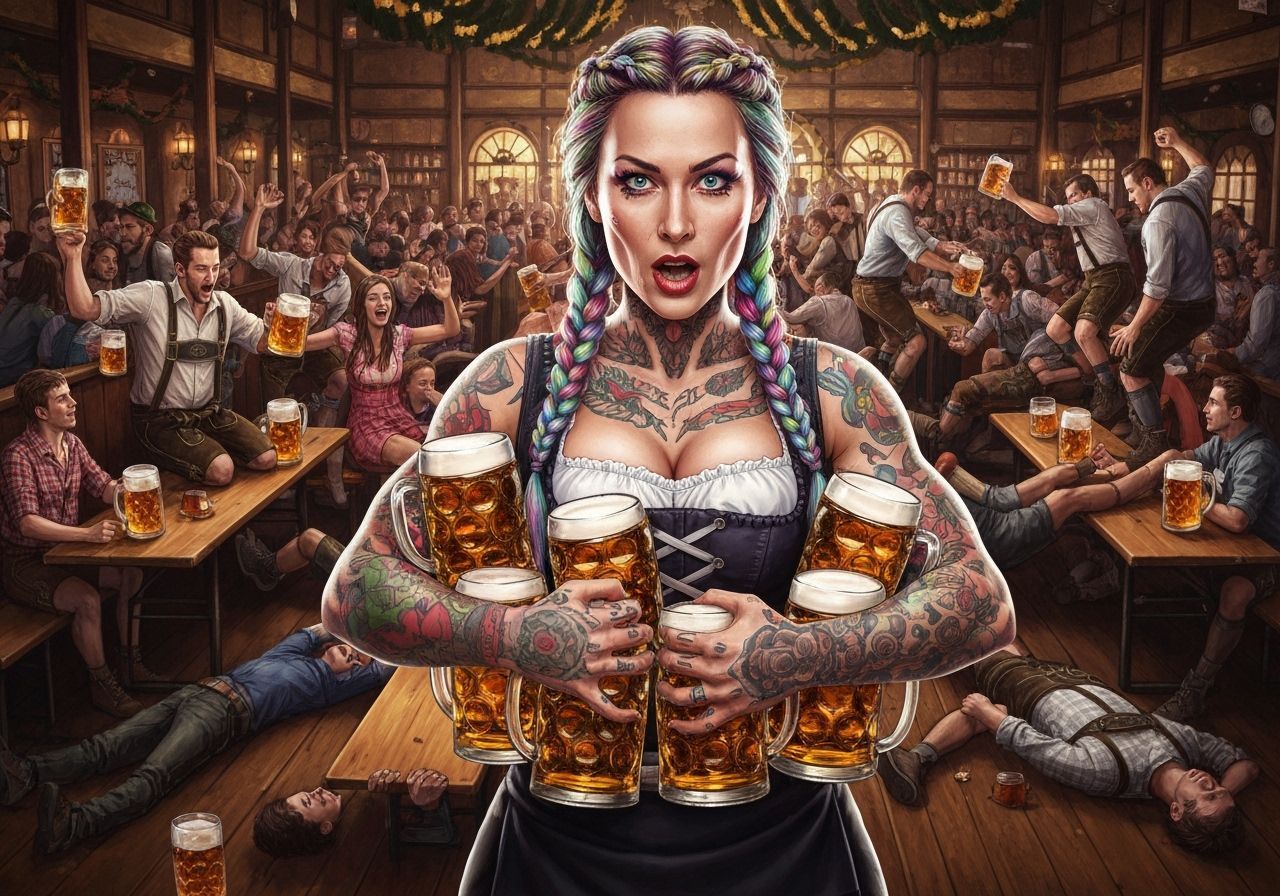 Cyberpunk Waitress Balances Beers at Oktoberfest