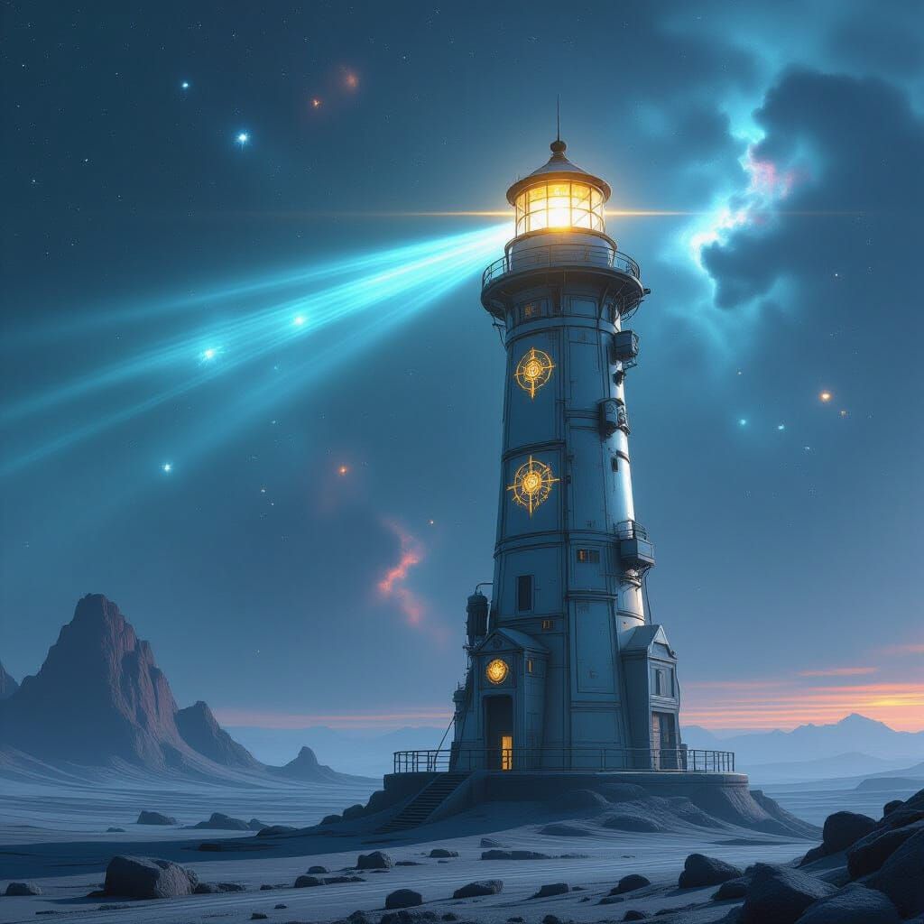 Cosmic Lighthouse on Alien Planet in Sci-Fi Style