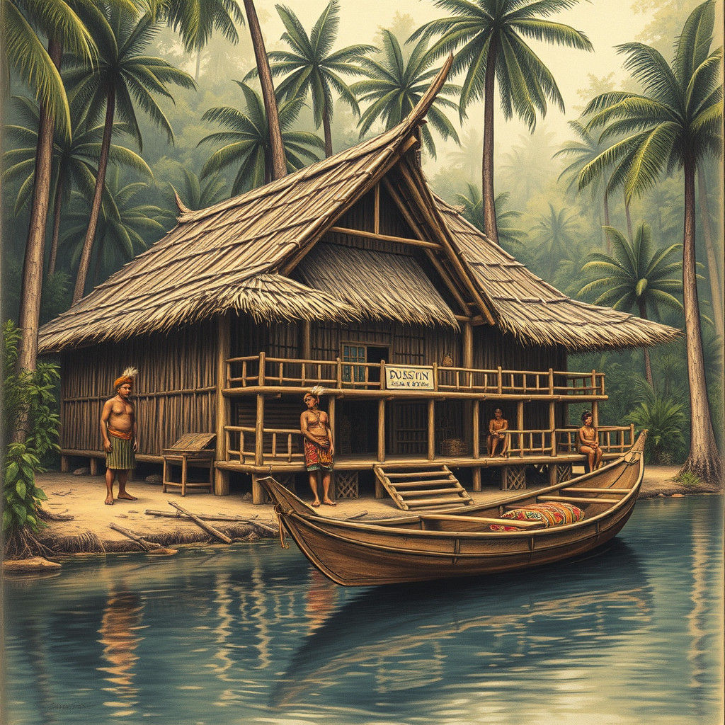 Dusun Longhouse in Jungle, Detailed Charcoal Drawing